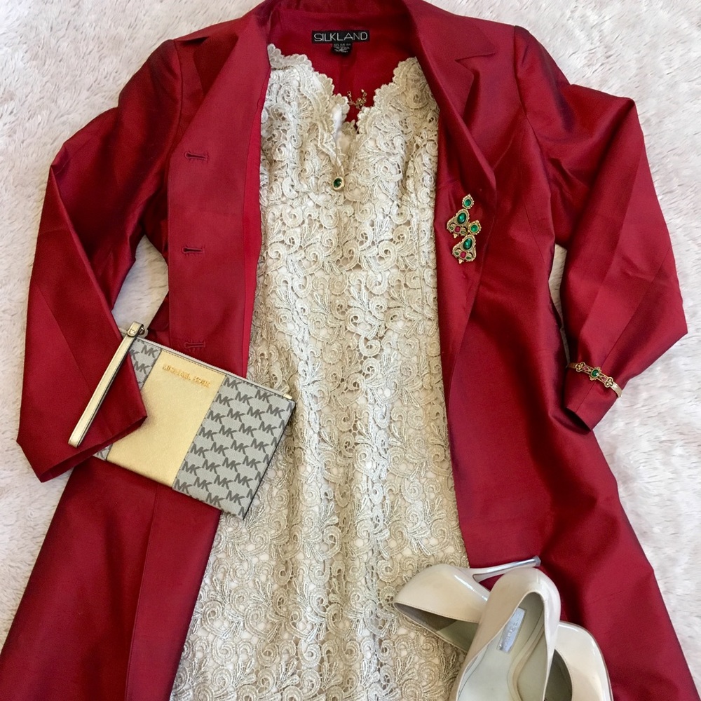 Adrianna Papell Champagne Lace Dress & Silk Duster